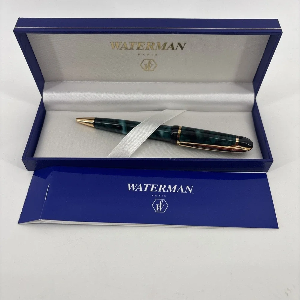 Waterman Phileas Ballpoint Pen Marble Green Gold Trim Blue Ink Vintage 90s